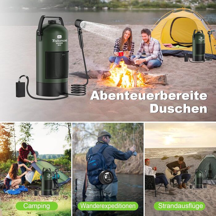 Сонячний душ Tadomoe 20L з насосом та сумкою, 2000mAh, для кемпінгу, пляжу, подорожей (зелений)