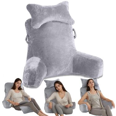 Лежанка для ліжка 90 x 80 см (ДxВ) XXL спинка-подушка для дорослих з підлокітником та знімною подушкою для шиї, спинка для читання з кишенею для ліжка, дивана, підлоги та стільця (Світло-Сірий)