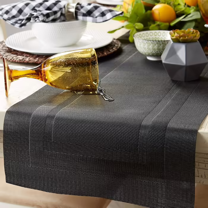 DII PVC Tablecloth Collection - Woven for Indoors and Outdoors, Polyvinyl Chloride, Black, Table Runner, 14x72