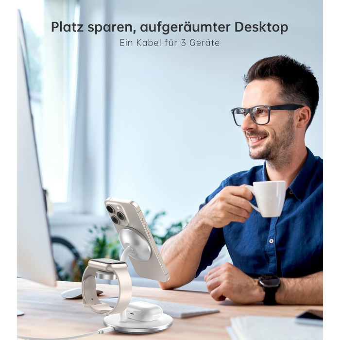 3-в-1 індукційна зарядка для декількох пристроїв, 15W MagSafe зарядка для iPhone 15/14, MagSafe зарядний пристрій для iWatch Ultra 2/1/Series 9/8, AirPods, білий колір