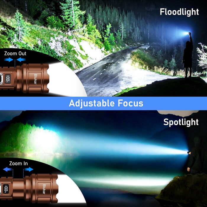 Ліхтар LED Blukar, перезарядна, надзвичайно яскравий, з функцією зуму, 5 режимів, водонепроникний IP67, для кемпінгу та активного відпочинку (колір: коричневий)