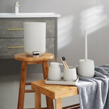 GAHEFY Badset Badezimmer Zubehör Set Beige, Badausstattung Sets Deko, 5-teiliges Bad Set - Seifenspender, Zahnbürstenhalter, Schminktablett, Klobürste und Mülleimer Set für Bad (Beige)