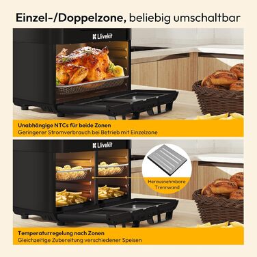 Фритюрниця повітряна LLIVEKIT 15L з 2 камерами, з оглядовим вікном, 2600W, 12-в-1, чорна, з таймером та 8 аксесуарами