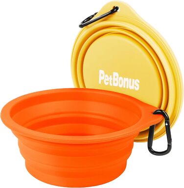 Складані годівниці для собак PetBonus, 2 шт. Силіконові миски для води та корму для собак у подорожах, з карабіном, 1000 мл (Помаранчевий, Жовтий)