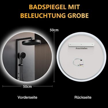 Дзеркало для ванної кімнати з підсвічуванням 70 см, LED дзеркало з підсвічуванням, 3 кольори світла, антизапар, регулювання яскравості, сенсорне управління, функція пам'яті, кругле водонепроникне дзеркало для ванної кімнати IP44 (6500K, 50x50 см)