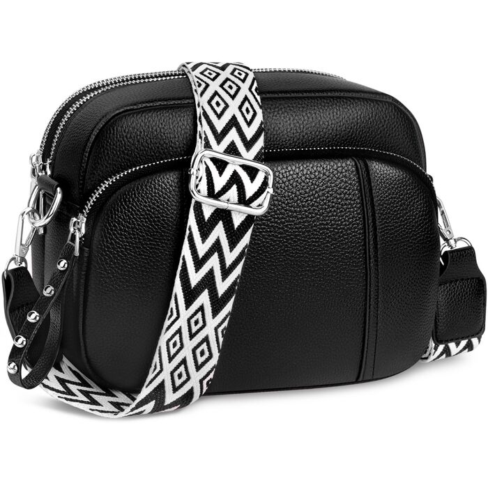 Жіноча сумка через плече кросбоді з натуральної шкіри чорного кольору. Стильна міні-сумка з широким ременем та відділенням для карт