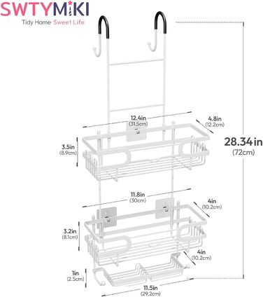 Настінна поличка для душу SWTYMIKI з 2 кошиками та 2 мильницями, з нержавіючої сталі, 14 гачків, білий колір