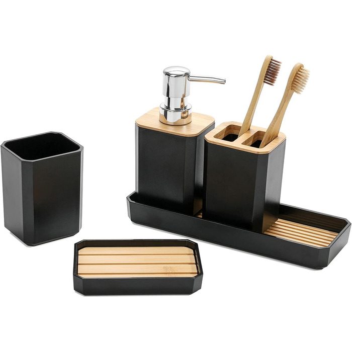 Набір аксесуарів для ванної кімнати FEILANDUO, 5 шт: дозатор для мила, мильниця, тримач для зубних щіток, стакан для зубної пасти, піднос для косметики, Бохо, чорний