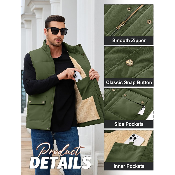 Xnova чоловіча зимова жилетка з підкладкою Thero Sherpa, тепла флісова жилетка, зимова куртка, жилетка для полювання, робоча жилетка, флісова жилетка для активного відпочинку з коміром-стійкою (Зелений, M)