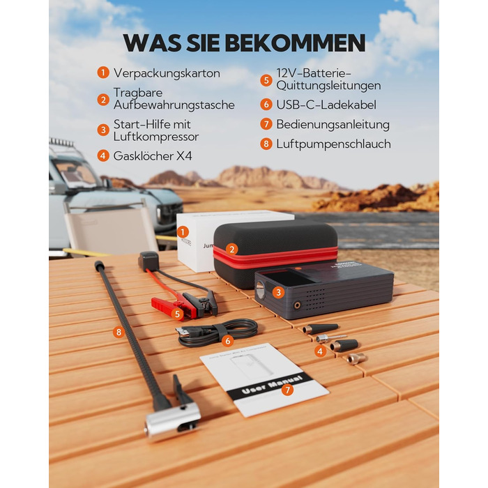 Powerbank Starthilfe JC8-12000mAh: Powerbank для авто з компресором, 12000mAh, LED-лампа, USB-C, ресeт-комплект