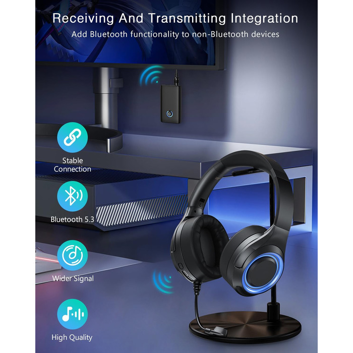 ORIA Bluetooth 5.3 Аудіоадаптер 2-в-1 з AUX, для навушників, колонок, ноутбуків, чорний