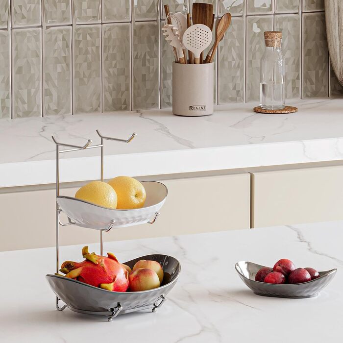 Набір для фруктів та овочів Acliys 3 яруси з кераміки, набір для кухні, порцелянові миски для зберігання фруктів, овочів, снеків, десертів, тортів, тарілка-решітка для вечірки, весілля, сріблястий