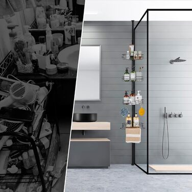 DUFU Поличка для душу та ванни кутова металева з 4 кошиками, регульована висота 73-265 см, чорна