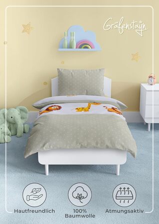 Набір постільної білизни для дітей Gräfenstayn® з тваринами (жирафа, слон, лев) - 100% бавовна (ренфорс) - 135x100 см, 60x40 см