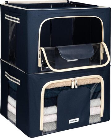 Sturdy Foldable Clothes Storage Box with Zipper, Metal Frame - [2024 IMPROVED MATERIAL] Bedding Storage Bag - Sturdy Clothes Storage Box - 2x66L