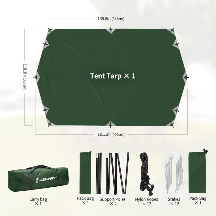 Bessport Waterproof Tarp - 3x4.6m Camping Tarp with Poles, Stakes & Rope - UV Protection, Multipurpose Tent Tarp (Green)