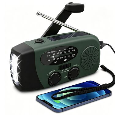 Радіо Solar-Radio 2000mAh на сонячній батареї/AM/FM, з ручним заводом, SOS-сигналом, LED-ліхтарем + USB-зарядка, водонепроникне для кемпінгу, туризму, надзвичайних ситуацій (оливково-зелене)