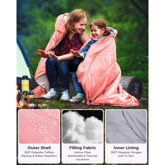 3-4 Season Sleeping Bag - Waterproof & Lightweight Sleeping Bag for Camping, Travel & Outdoor Activities - Adult Size (Pink)