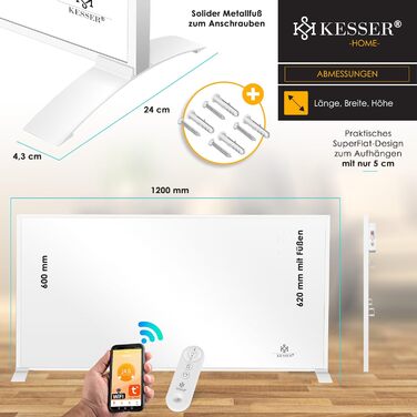 KESSER® Infrared Heater - Energy-Saving Infrared Standing Unit & Wall Mounting Electric Heater 700W with Remote Control, Thermostat & App Control, Electric Heating Panel, Heater Convector, Standing Feet, 700W, White