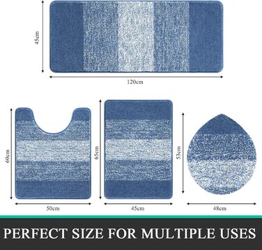 Enyhom 4-Piece Microfiber Bath Mat Set - Non-Slip Bathroom Rugs & Toilet Lid Cover (Blue, 45x65cm, 45x120cm, 50x60cm, 48x53cm)