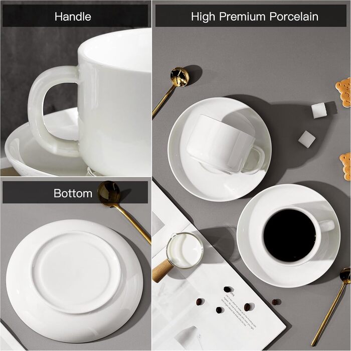 Набір кавових чашок і блюдець Porzellan (4 шт.), з золотою ложкою, 220 мл, кераміка. Чашки капучино для чаю, еспресо (білий)