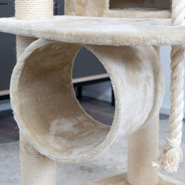 Кігтеточка HAPPYPET для котів велика 181 см - стабільний кігтеточний комплекс, товсті стовпи 11 см, будиночок та ігровий тунель, великі лежанки, стійка з когтеточкою (Бежевий)