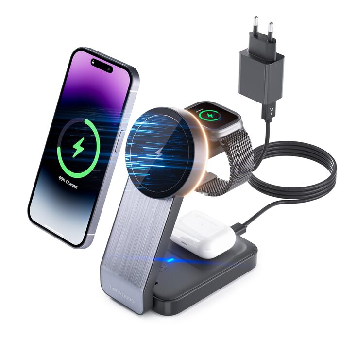 Бездротовий зарядний пристрій TigraTigro 15W Qi, складаний, швидка зарядка для iPhone 16/15/14/13/12, Samsung Galaxy, Google Pixel, тримач для навушників, компактний (Срібний/Чорний)