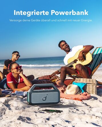 Soundcore Boom 2 - портативна Bluetooth колонка, 80W, сабвуфер, LED-підсвічування, IPX7, 24h, USB-C, BT 5.3, для кемпінгу, пляжу, саду (блакитна)