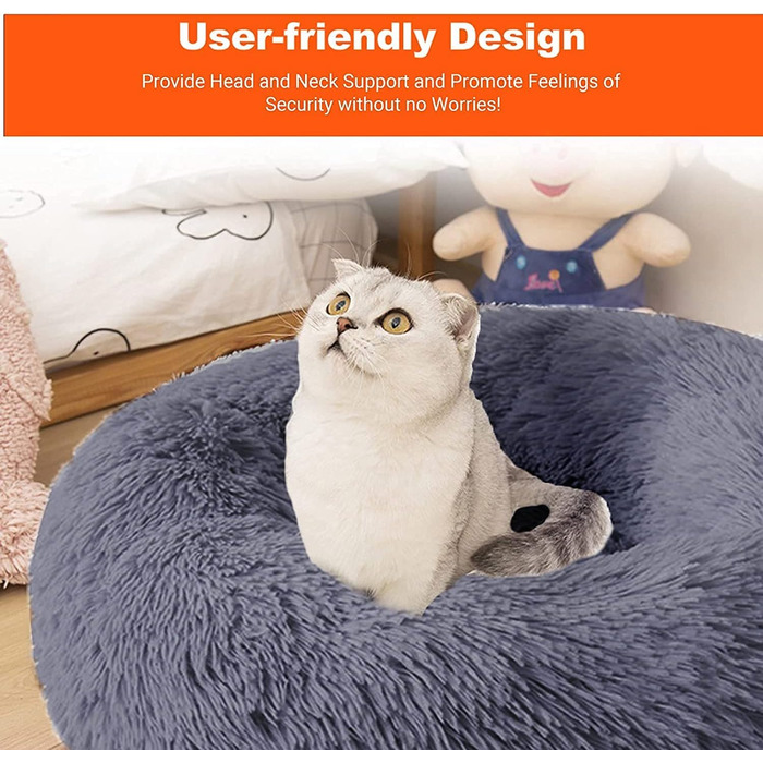 fireowl Donut Dog Bed Large Fluffy: 70cm Soothing Puppy Bed Anti-Anxiety Cat Bed - Plush Pet Bed Round Cozy Washable (L 60 x W 60 x H 20 cm, Grey)