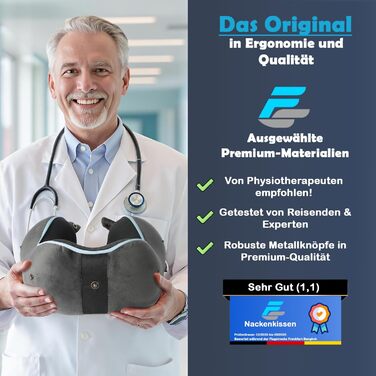 Подушка для шиї FS для літака та авто – Memory Foam з 360° підтримкою шиї – Регульована з кнопками – Дихаючий, м'який чохол – з мішечком – Сіра