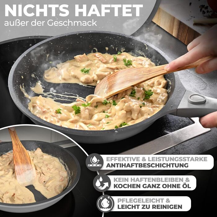 Набір сковорідок TraumLeben Neu 2 шт. 24/28 см з знімними ручками, антипригарне покриття, без PFOA, для індукції, сумісний з духовкою | сковорода, універсальна сковорода (сірий)