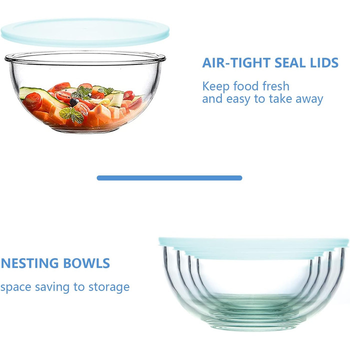 4-Piece Glass Bowl Set with Lids, Glass Mixing Bowl Set (3.5L, 2.0L, 1.0L, 0.5L), Large Salad Bowl with Lid, Oven, Microwave and Dishwasher Safe