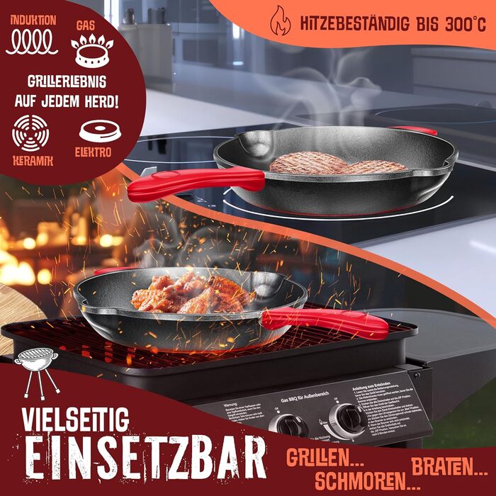Чавунна сковорода-гриль KESSER® для індукції, газу, духовки, вугілля 26 см з захисними ручками, кулінарною книгою та очисником для кілець