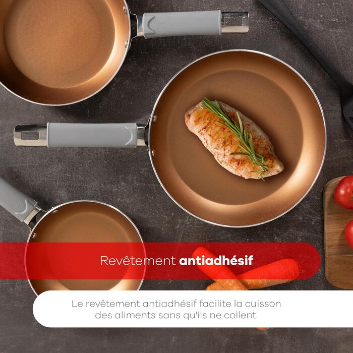 Набір кухонного посуду Bergner Loja Reeco: 3 сковорідки 18-22-26 см + лопатка з алюмінію. Індукційне дно, мідна якість.