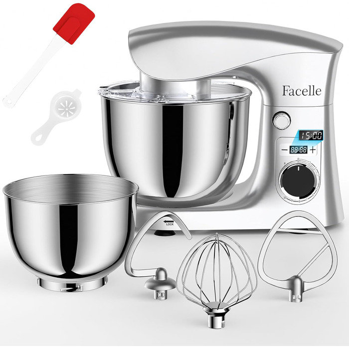 Кухонна машина-міксер Facelle 1500W з 5.5/4.5л чашею, 10+ програм, тиха робота, набір насадок (крюк, вінчик, віночок, захист від бризок)
