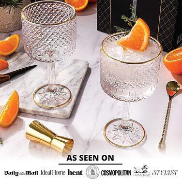 Набір келихів для джину Vemacity Luxuriöses Gin Gläser 2er Set: 2 келихи з золотими деталями (450 мл), ложка, мірний стакан, E-book з рецептами. Чудовий подарунковий набір.