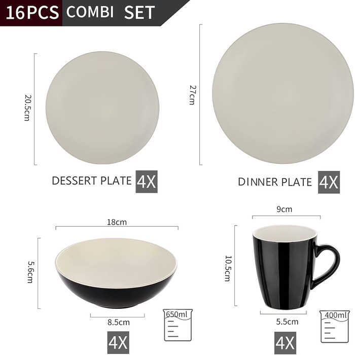 Набір посуду для 4 осіб LENTO Beige, 16 частин, кераміка, вінтажний стиль