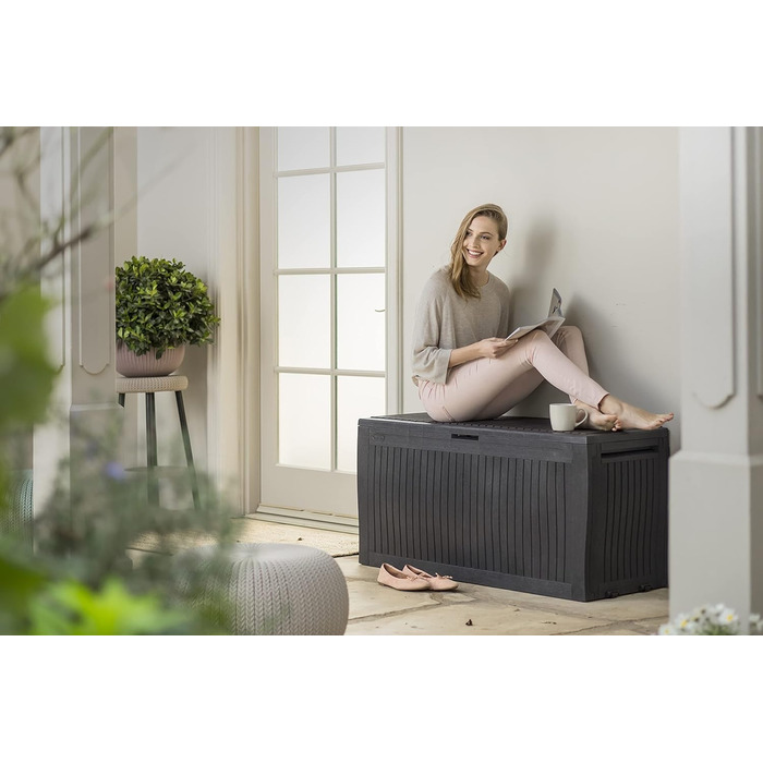 Koll Living ящик для подушок 270 л, графіт, водонепроникний, з вентиляцією, сучасна деревна текстура, кришка витримує до 250 кг