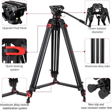 Штатив для камери COMAN 186 см з алюмінію - тринога з поворотним кріпленням 360° та нахилом ±90°, відеоштатив, сумісний з DJI Rs, Manfrotto, максимальне навантаження 10 кг (Q5)