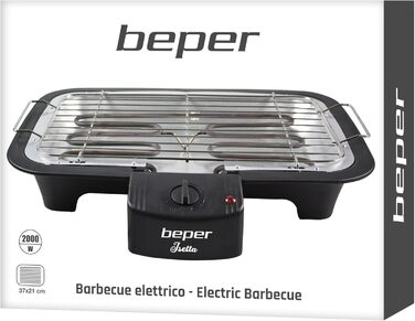 BEPER Electric Grill with Glass Lid - Coated Grill Plate, Stainless Steel, Black (2000W)