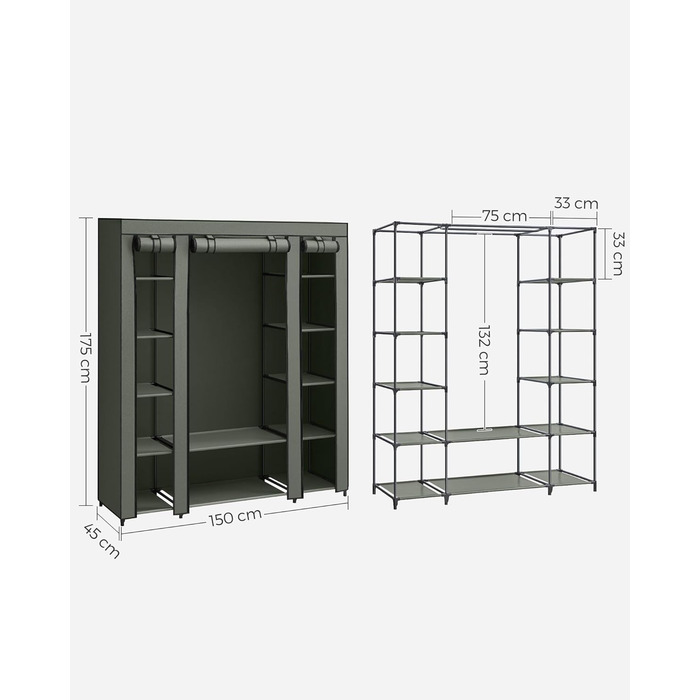 SONGMICS Wardrobe, Clothes Closet, with Clothes Rail and Shelves, Fabric Cover, for Bedroom, Dressing Room, 150 x 45 x 175 cm, LSF03H (Light Beige)