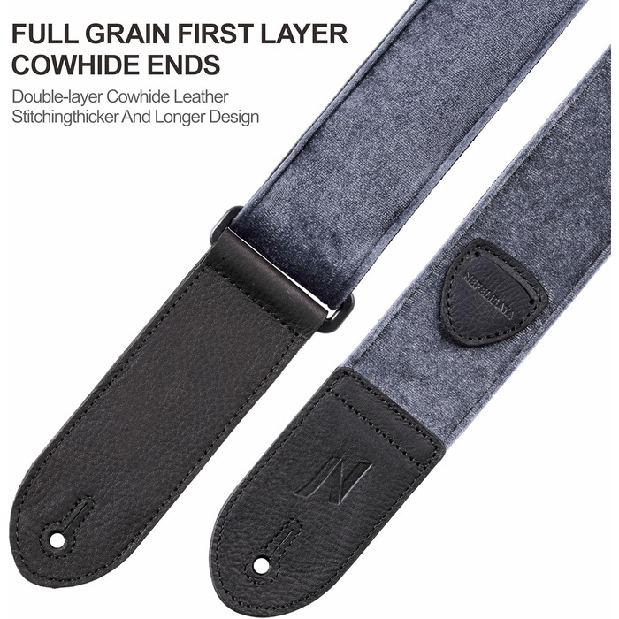 Гітарний ремінь Nefelibata з повного нубуку, вінтажний велюровий ремінь, безкоштовний бонус: 4 медіатори + фіксатори ремінця + кнопка для ремінця, подарунок для бас-гітари, електро- та акустичної гітари (Чарівний фіолетовий, вінтажний сірий)