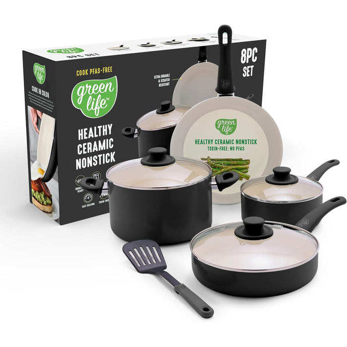 Набір кухонного посуду GreenLife Soft Grip 8 предметів: керамічне антипригарне покриття, посуд для смаження, соусників, тушкування, кришки з термостійким пластиком, посудомийна машина, блакитний/кремовий