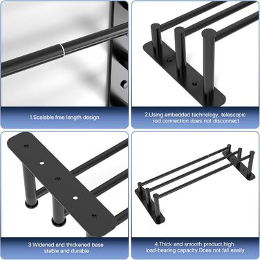Тримач для рушників Lannvan без свердління, висувний 37-70см, нержавіюча сталь, для ванної кімнати/кухні, 2 способи встановлення, чорний