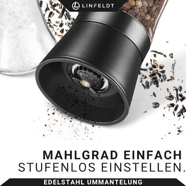 Набір з 2 мельниць для солі та перцю з регульованим керамічним жорном, нержавіюча сталь, придатні для миття в посудомийній машині, чорний, 19,2x6,5 см