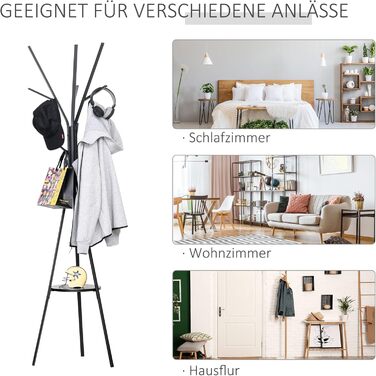 HOMCOM Coat Rack, Clothes Rack with 8 Hooks, Coat Stand with Shelf, Freestanding Coat Rack for Clothes, Hats, Bags, Metal, Black, 45 x 45 x 180 cm