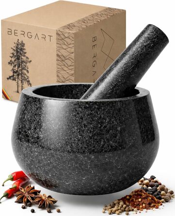 Гранітна ступка з товкачем BERGART — професійна ступка з шорсткою внутрішньою поверхнею для спецій, трав та песто, натуральний граніт