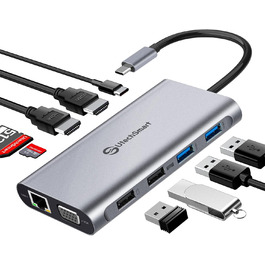 Док-станція USB C з підтримкою 3 моніторів, хаб з Ethernet, HDMI, VGA, PD3.0, SD/TF кардридер та 4 USB порти, сумісна з MacBook та Windows (UCN3270)