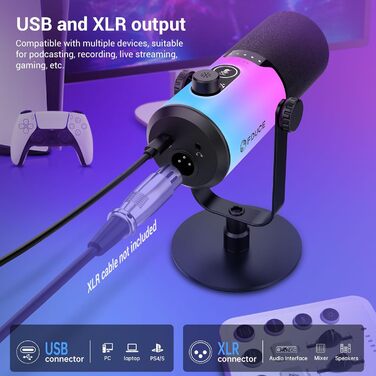 Ігровий мікрофон FDUCE з USB/XLR підключенням, RGB-підсвічуванням та регулятором посилення для стрімінгу, запису подкастів та співу
