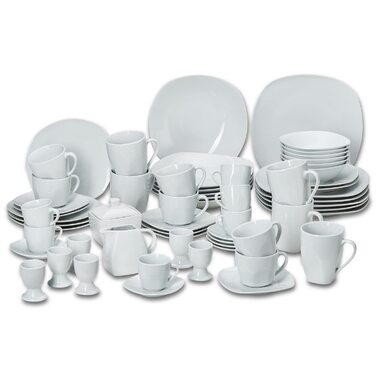 Набір посуду KHG Kombiservice 62 елементи | Білий сервіз для 6 осіб з якісного порцеляну | Класичний дизайн | З цукерницею, ложками для яєць та молочником